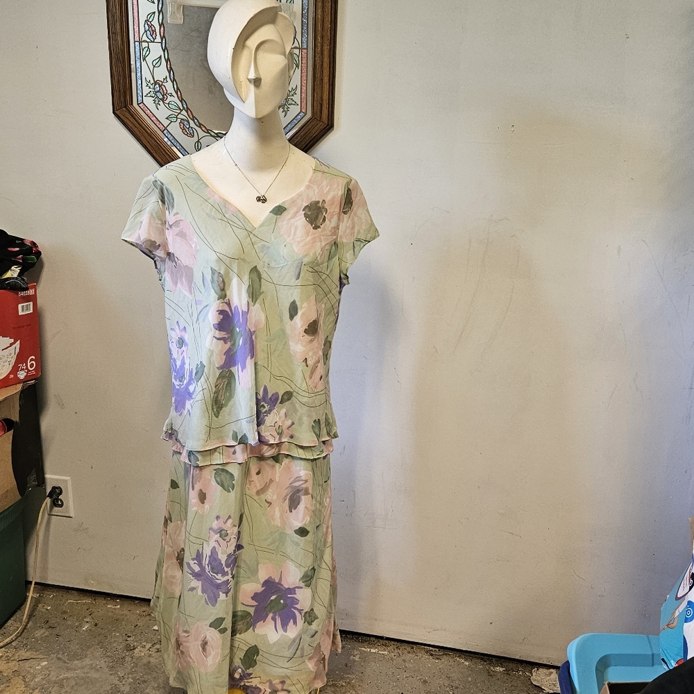 Beautiful VTG Seafoam and Lavender Floral Print Dress by J.B.S. LTD Sz 14